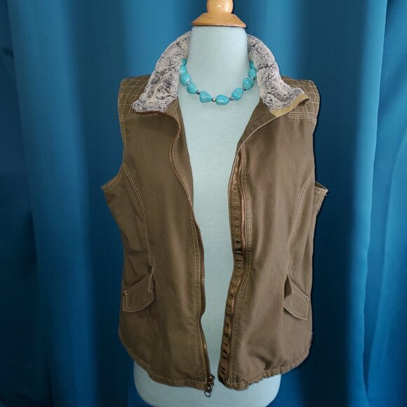 Heavy Duty Army Green Canvas Vest w/faux fur collar – L - Picture 1 of 12